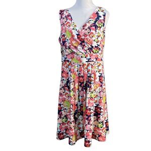 Lands' End Colorful Floral Surplice Stretch Dress Soft Jersey Knit